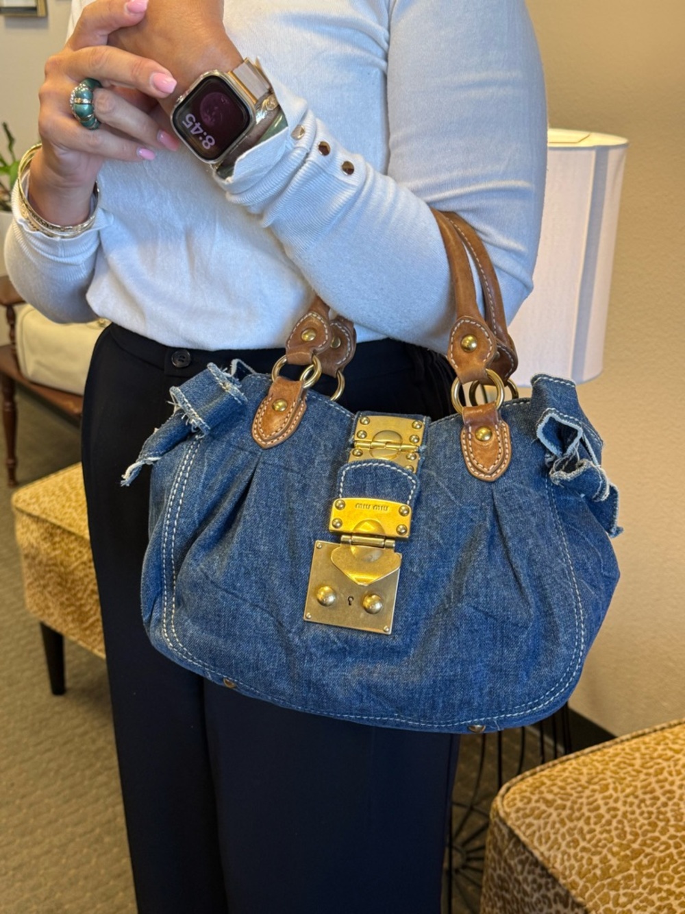 💯Auth! SUPER RARE!!! MIU MIU Denim Satchel/Crossbody BOW Bag with Gold Hardware